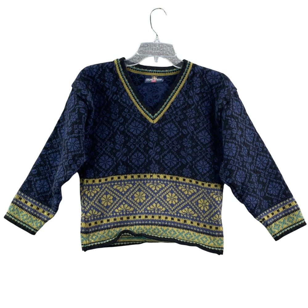 Skjaeveland Sweater Womens XS Blue Green Nordic Fair Isle Wool V-Neck Norway